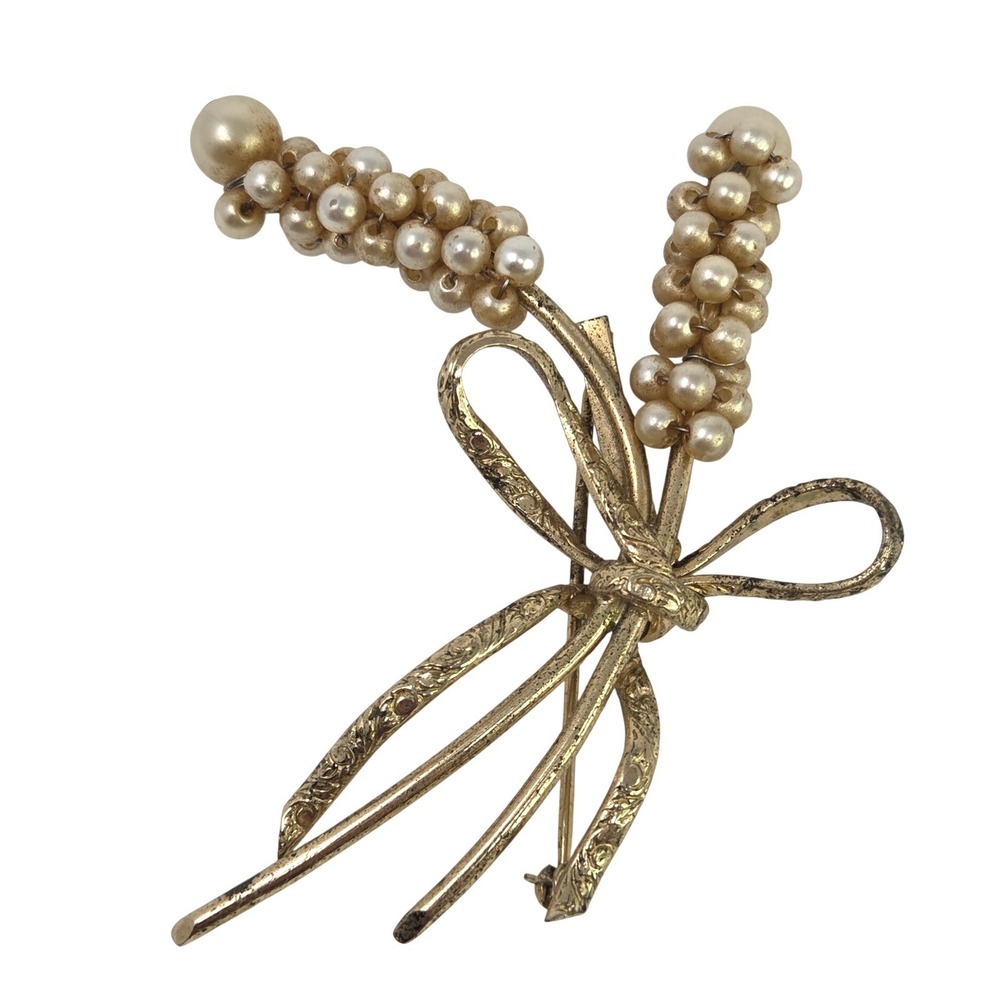 Napier Vintage Gold Tone Pearl‎ Bow Brooch Pin Bouquet Floral Wheat 3.25"